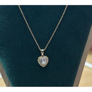 Gold Plated Heart Pendant Necklace with Heart Shaped CZ Stone NEW